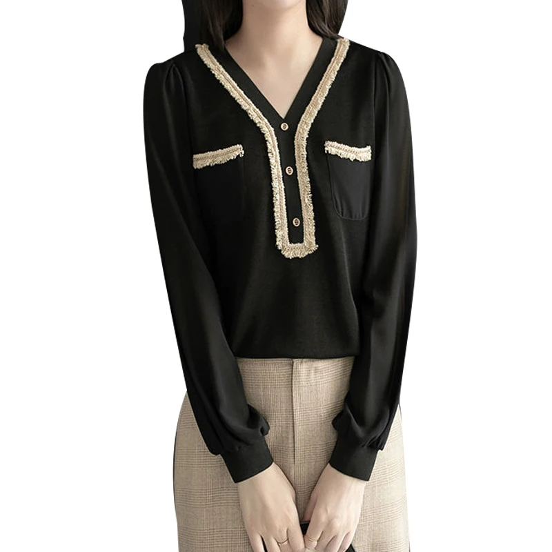 

Women's Spring Autumn Style Chiffon Blouses Shirt Women's V-Neck Solid Color Pockets Patchwork Button Casual Tops DD9097