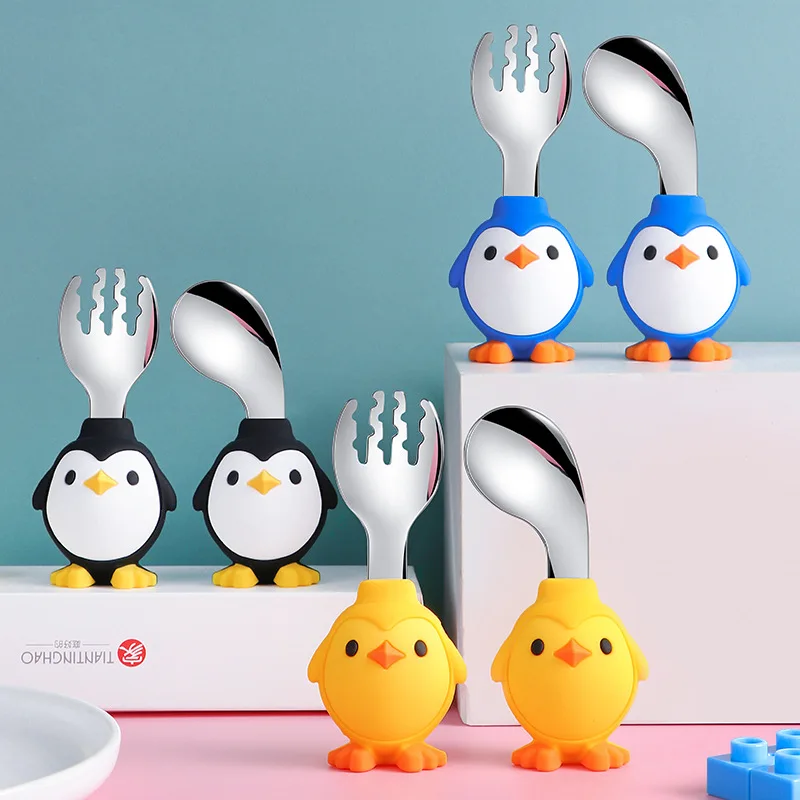 

Stainless Steel Baby Children Tableware Set Fork Cute Cartoon Spoon Utensils Auxiliary Food Toddler Eat Training Fork Infant