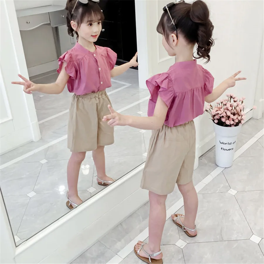 Летняя одежда для девочек топ с бантом + шорты повседневные костюмы