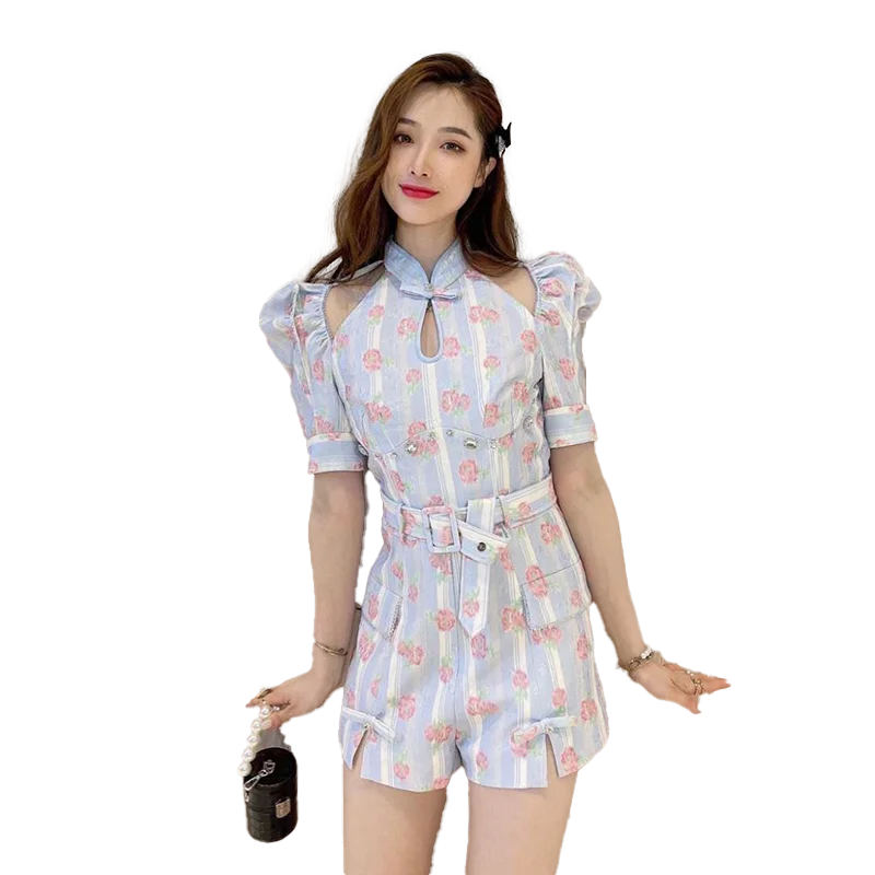 

2021 New Summer One-Piece Jumpsuit Women High Waist Sexy Off Shoulder Short Sleeve Print Playsuit Casual Wide Leg Rompers Shorts
