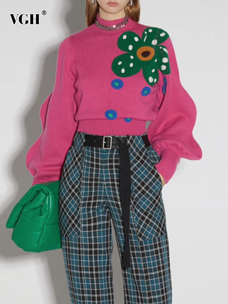 

Женский свободный свитер с цветочным принтом VGH, вязаный пуловер с круглым вырезом и длинным рукавом, корейская модная одежда, новинка 2021