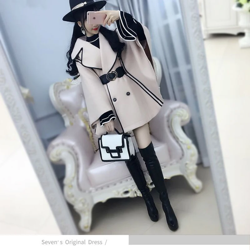 

Женское шерстяное пальто, двубортное пальто с отложным воротником и рукавами «летучая мышь», с поясом, теплая верхняя одежда в английском стиле