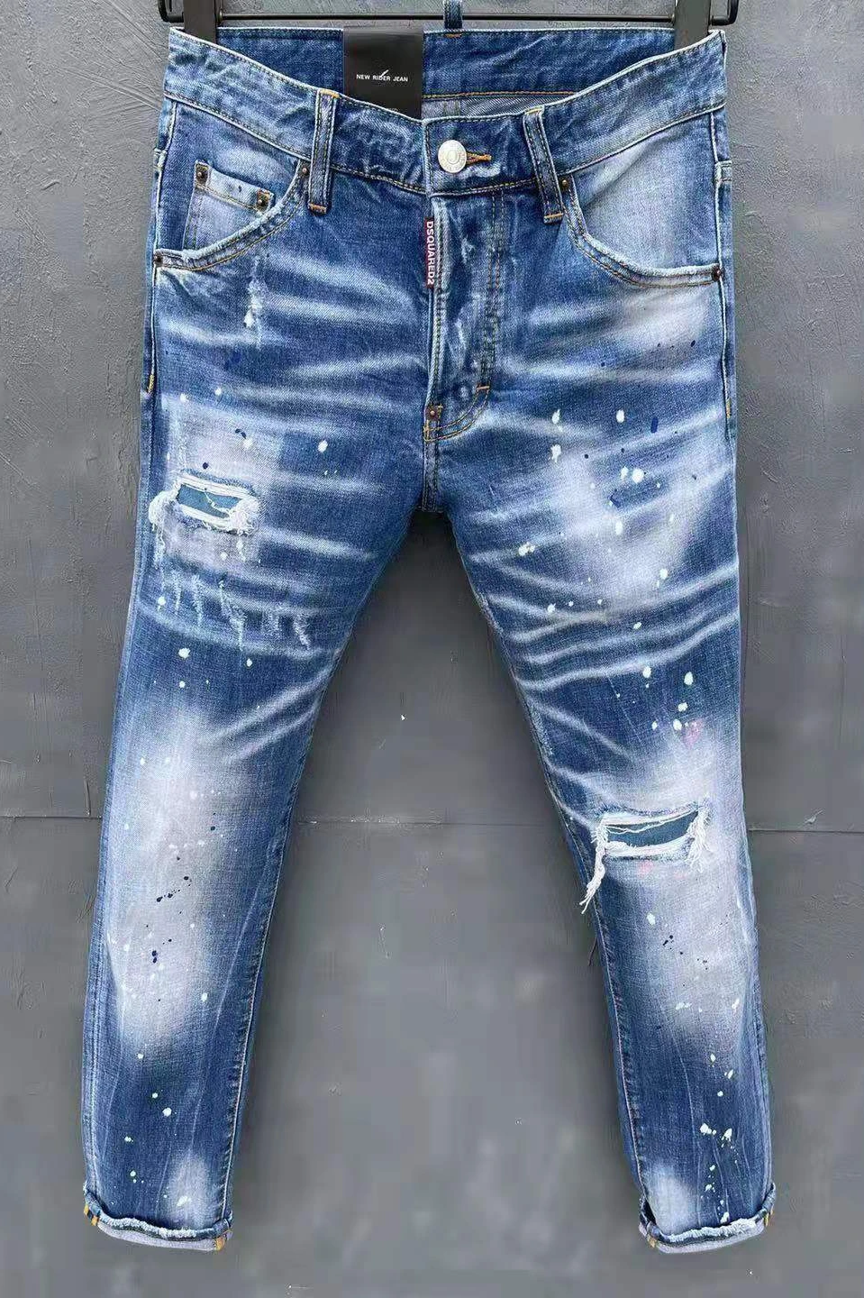 

2021 Spring/Summer DSQUARED2 New Men's/Women's Jeans Fashion Washed Frayed Patches Elastic Hole Paint Pants 060