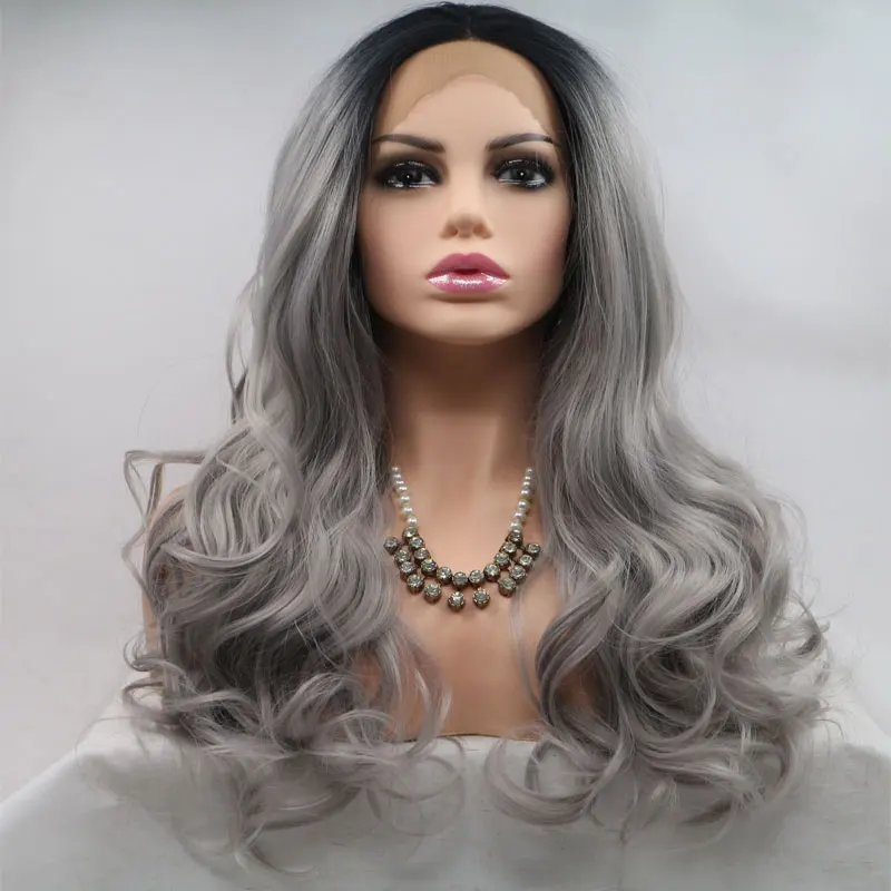 Beautiful Girl Black Roots Ombre Silver Grey Synthetic Lace Front Wig Body Wave Heat Resistant Fiber Wig Middle Part For Women
