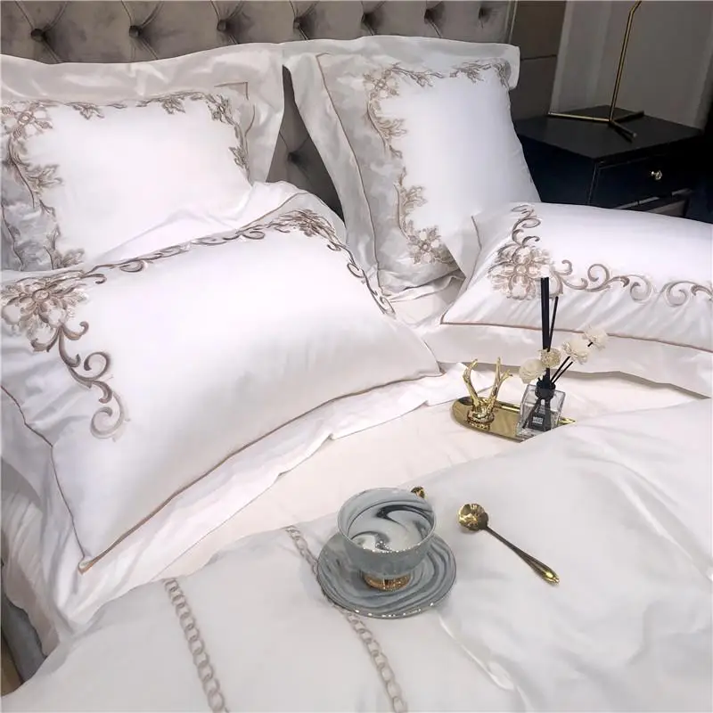 

41 Exquisite Embroidery 100S Egyptian Cotton Bedding Set White Queen King Duvet Cover Bed Linen Fitted Sheet Pillowcases