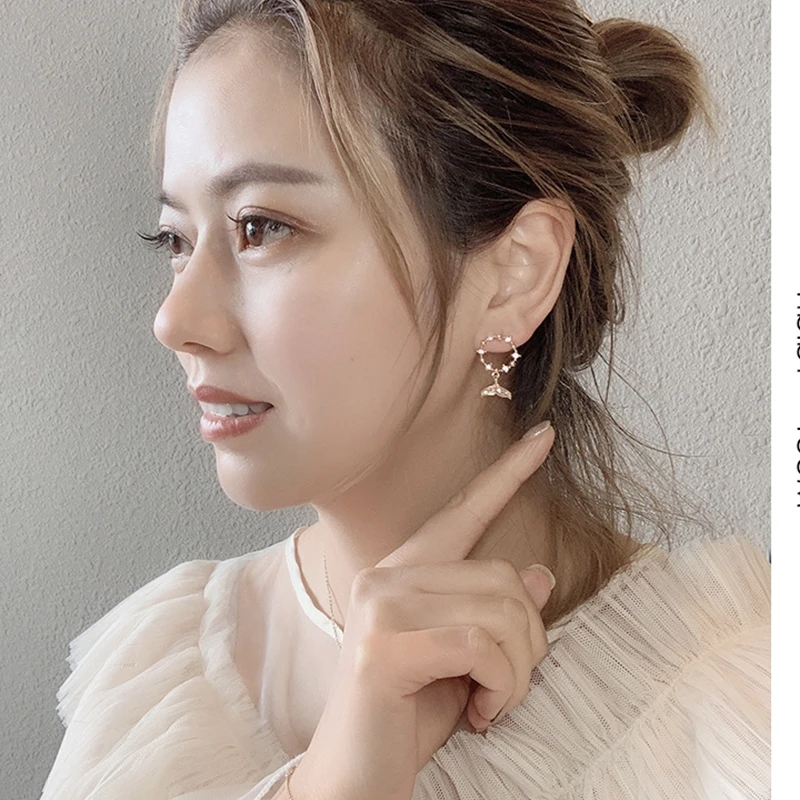 Korean Girl Heart High-quality Temperament Simple Wild Fishtail Earrings Fashion Elegant Romantic Shiny Zircon Wedding | Украшения и