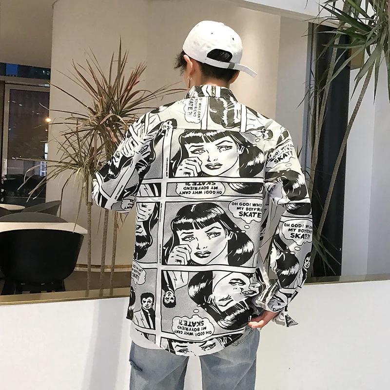 Mens Shirts High Street Harajuku Style Japanese Comic Pattern Long-sleeved Shirt for Male and Female Gotinc Style Loose Shirt