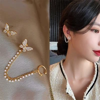 butterfly pearl chain stud earrings korean style ear bone clip long tassel earring fashion gold ear studs for women jewelry gift