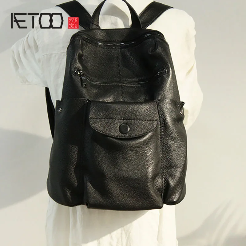 

AETOO Black retro first layer cowhide backpack, large-capacity travel backpack, female travel bag