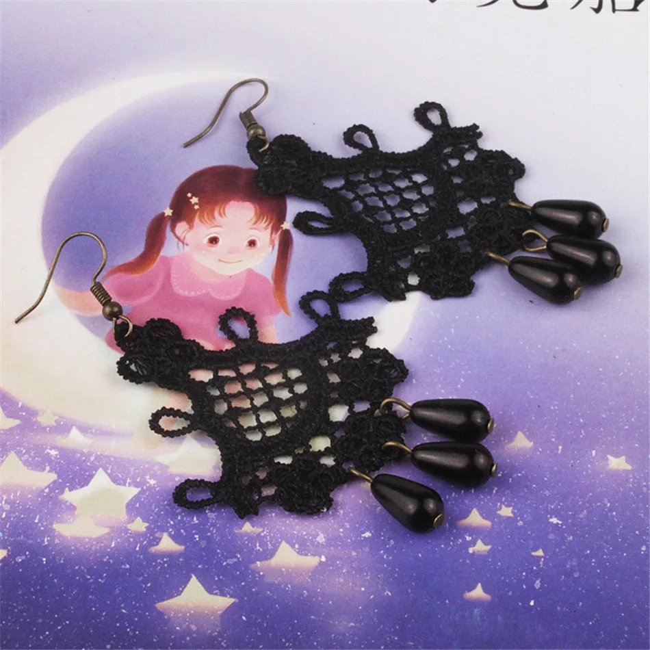 

PENGBIN Woman's Drop Earrings Vintage Black Lace Tassel Dangle Earrings Gothic Exaggerated Ear Hook Accessories for Festival