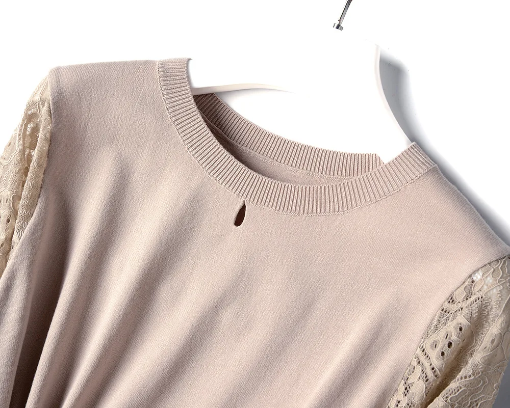 

HLBCBG elegant O neck slim long Sweater Lace dress women knit Spring Summer dress female Slim A-line basic dress casual