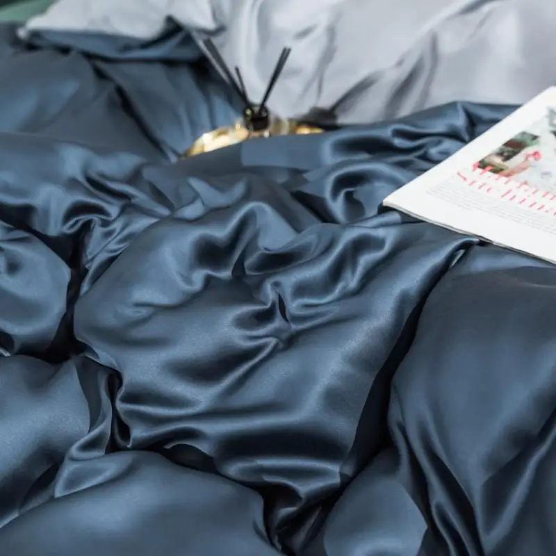 Роскошный комплект постельного белья Lanlika из 100% шелка синего и серого цвета