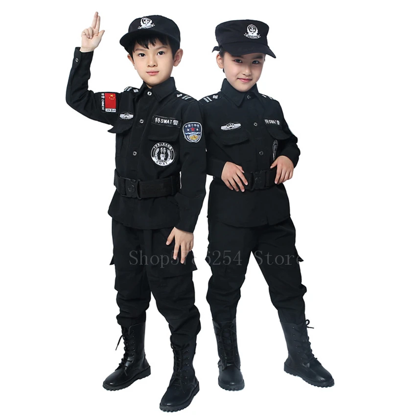 

Children Police Uniform Boys Policemen Cosplay Costuems Black Special Army Military Uniform Halloween Performance Clothing Set