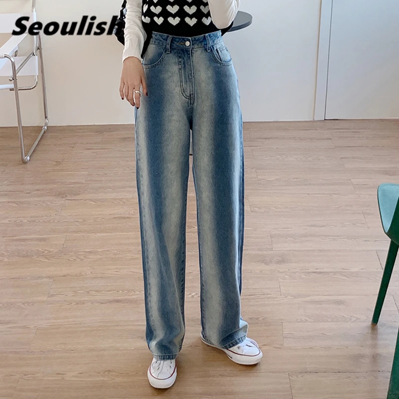 

Seoulish Vintage Gradient Wide Leg Jeans Women's Casual Pants 2021 New Full Length Female Denim Washed Loose Trousers Mujer
