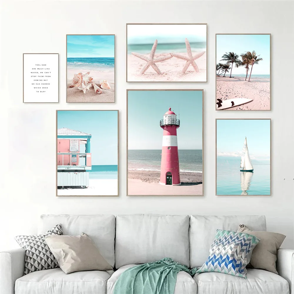 

Ocean Sailboat Lighthouse Poster Beach Palm Tree Surfboard Canvas Painting Starfish And Conch Wall Art Print Pictures Home Decor