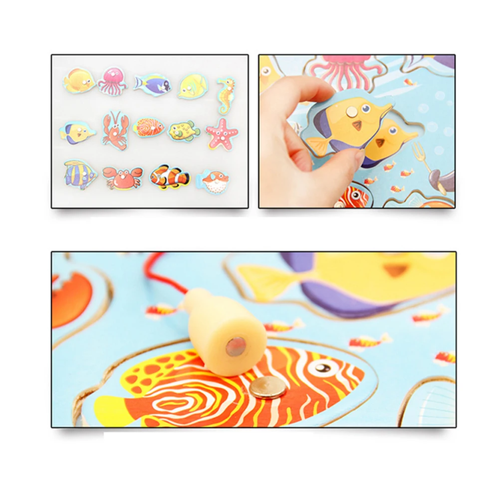 Детские развивающие игрушки Магнитные деревянные пазлы с 14 рыбами и 2 магнитными