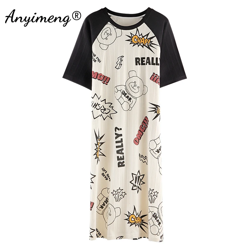 

Kawaii Nightgown Girl's Cotton Lingerie Gown Summer Shorts Texture Fabric Night Dress Oversized Women Nightgown Bear Printing