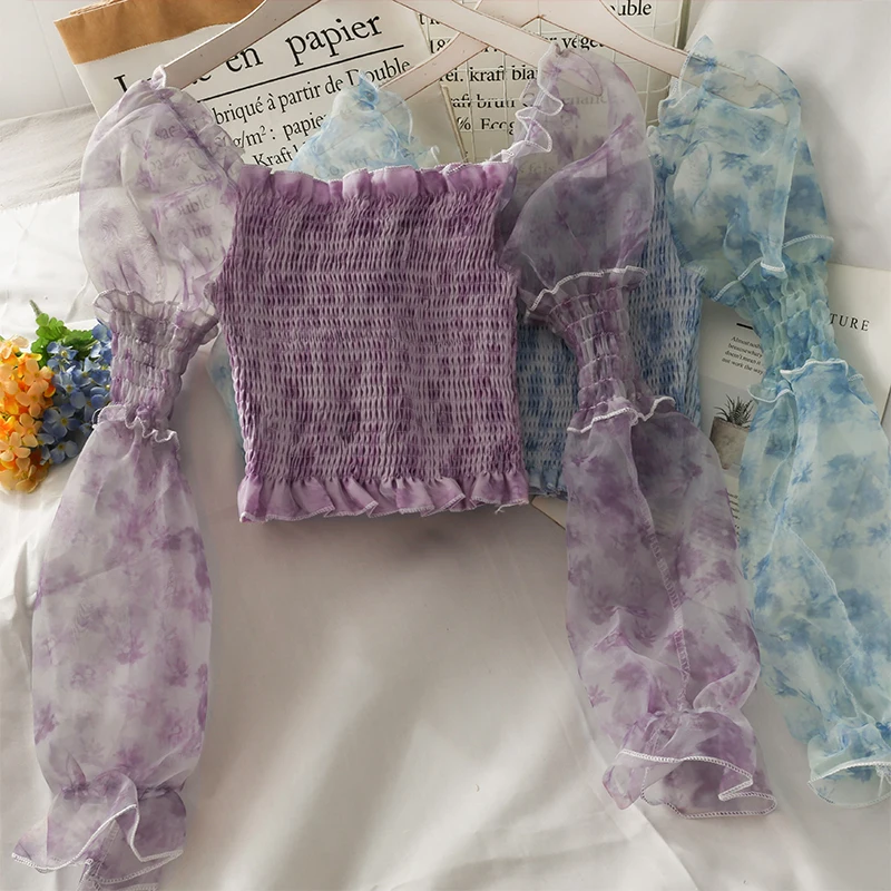 

Women Short Voile Blouse Shirt Slim Elastic Blouse Ladies V-neck Flower Printed Long Lantern SleevesBlouses Feminine Sweet Tops