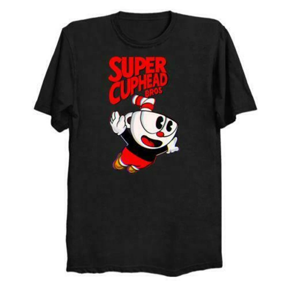 Супер Cuphead Bros Мужская черная футболка футболки Одежда мужская Летняя с круглым