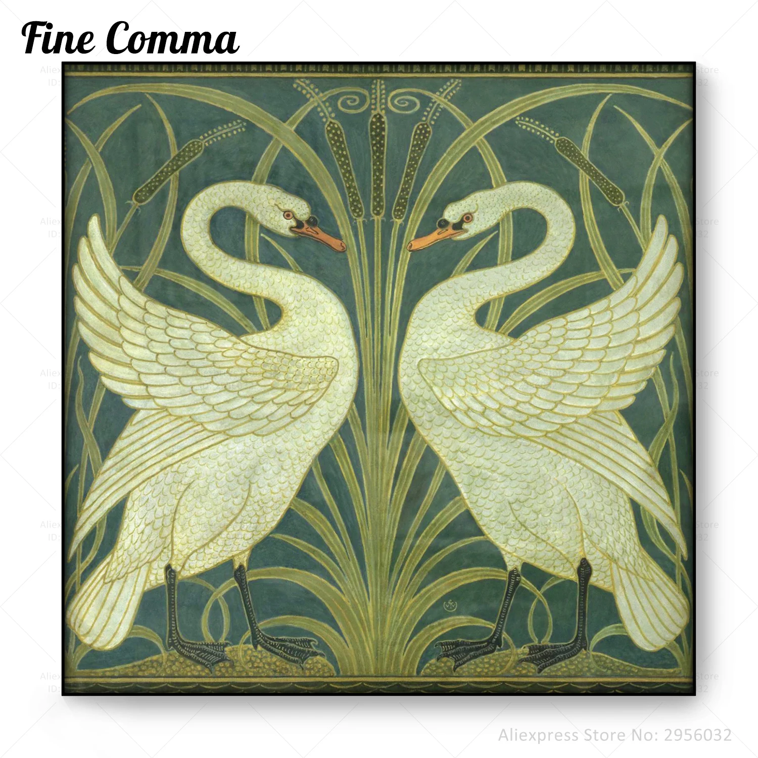 

Vintage Poster Swans Canvas Print Wall Art Walter Crane Vintage Bird Swan Painting Antique Bird Cattails Art Nouveau Picture