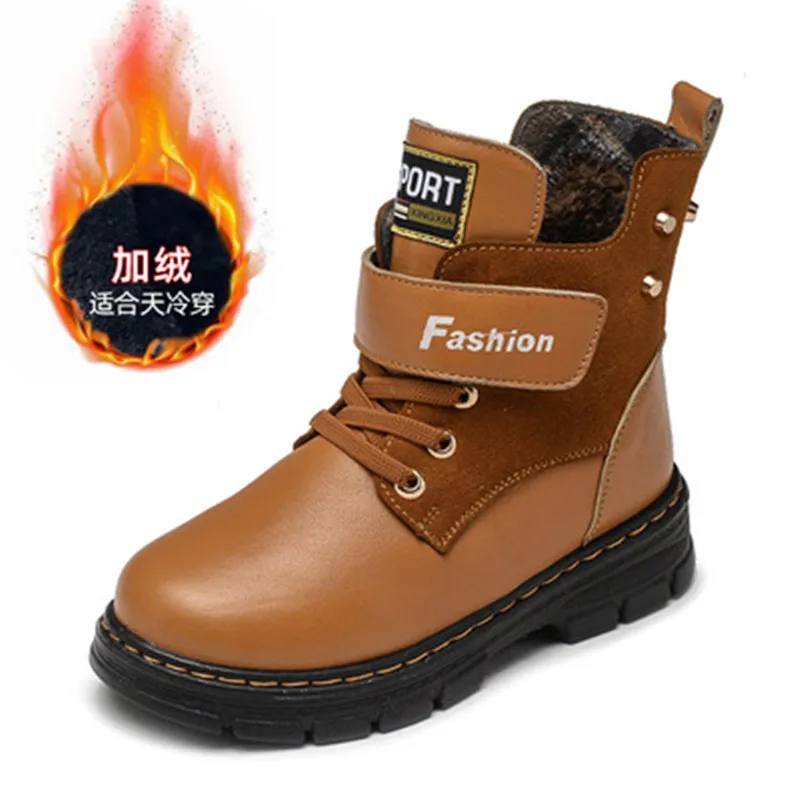 

Children Boots Autumn And Winter Leather School Boy Shoes Fashion In The Calf Snow Boots Plush Warm Waterproof Kids Martin Boots