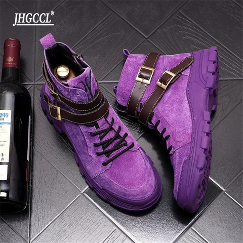 Модные роскошные мужские ботинки из нубука, фиолетовые байкерские ботильоны в стиле панк, Zapatillas Hombre A1