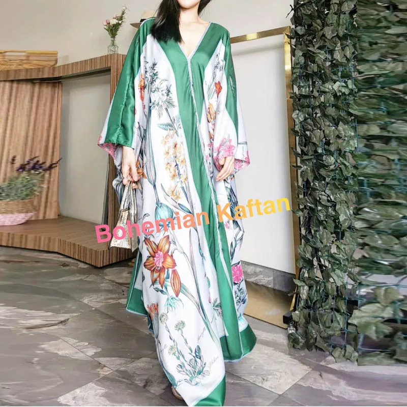 kuwait Fashion Blogger  recommend popular printed silk kaftan maxi dresses loose summer beach bohemian long dress for lady
