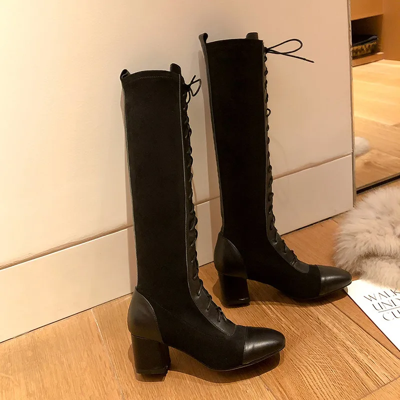 FEDONAS Women Cross Tied Knee High Boots Winter Newest Sexy Long Boots Night Club Shoes Woman Genuine Leather Warm Flock Boots