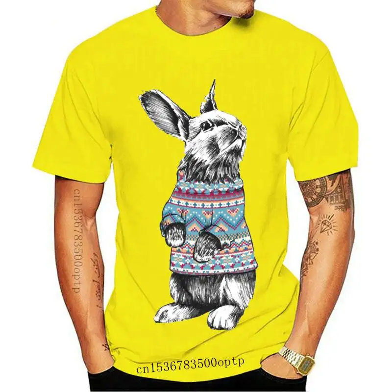 

Yellow Bunny With Christmas Sweater T Shirts for Men Custom Printing Short Sleeves Full Cotton Crew Tshirt