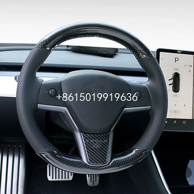 

for Tesla Model 3 2017-2020 Steering Wheel Cover DIY Hand-stitched Carbon fiber Black leather Car Interior Case Top Leather
