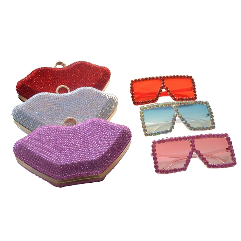 

K5DA Women's Evening Bag Retro Lips Clutch Bags Crystal Rhinestone Handbag Sparkly Crossbody Bag Party Banquet Purse