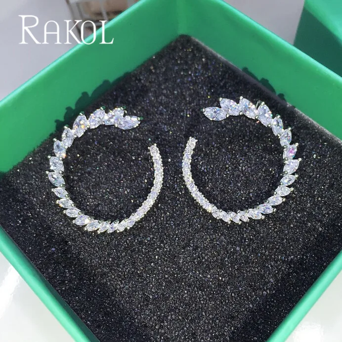 Новые модные брендовые серьги RAKOL, прозрачные круглые серьги с цирконием кубической огранки для женщин в форме листа, CZ ювелирное изделие, подарок