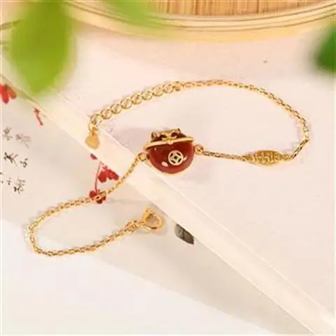 

New S925 Sterling Silver Gilding Nanjiang Carnelian Bracelet Simple Cute Graceful Personality Women's Lucky Cat Bracelet