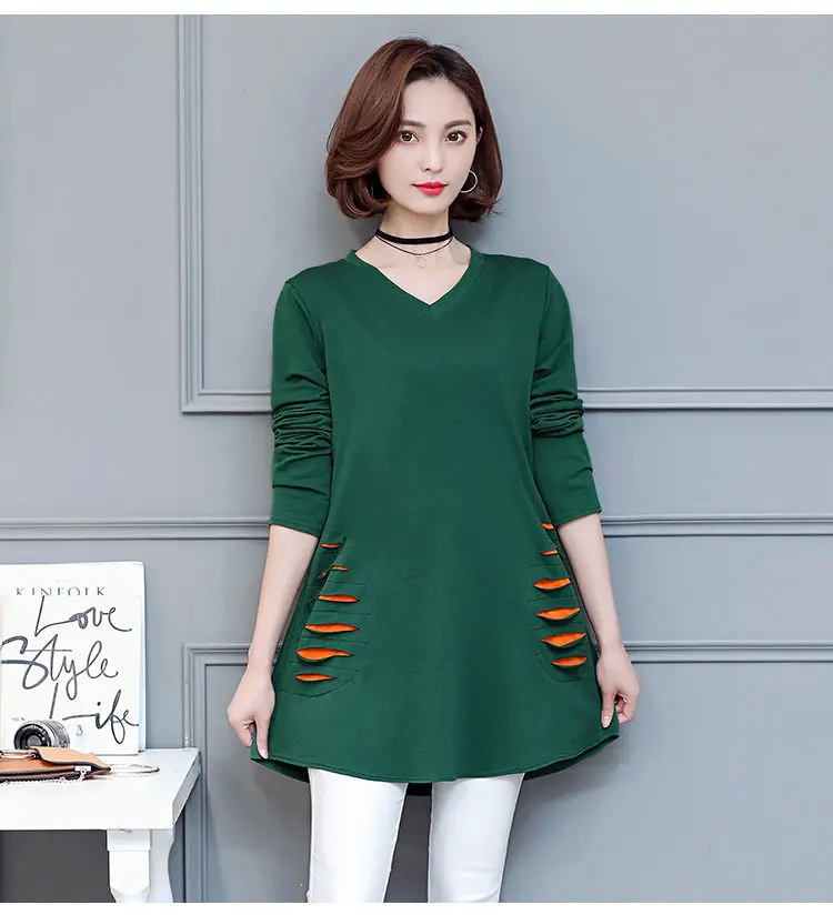 

Black Green Long Sleeved Holes Plus Size Korean Autumn Elegant Fashion Blouses And Tops Women'S Oversize T-Shirt Clothing 2021