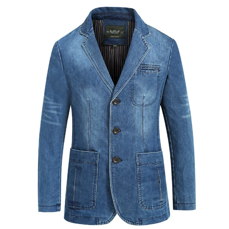

New Mens Denim Blazer Men Fashion Cotton Vintage Suit Jacket 4XL Male Blue Coat Denim Jacket men slim fat Jeans Blazers BG2182