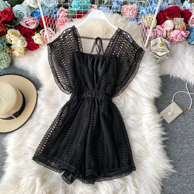 Summer New Ladies Hollow Out Playsuits Crochet Sleeveless with Camisole Loose Shorts Women Casual Beach Romper Overalls