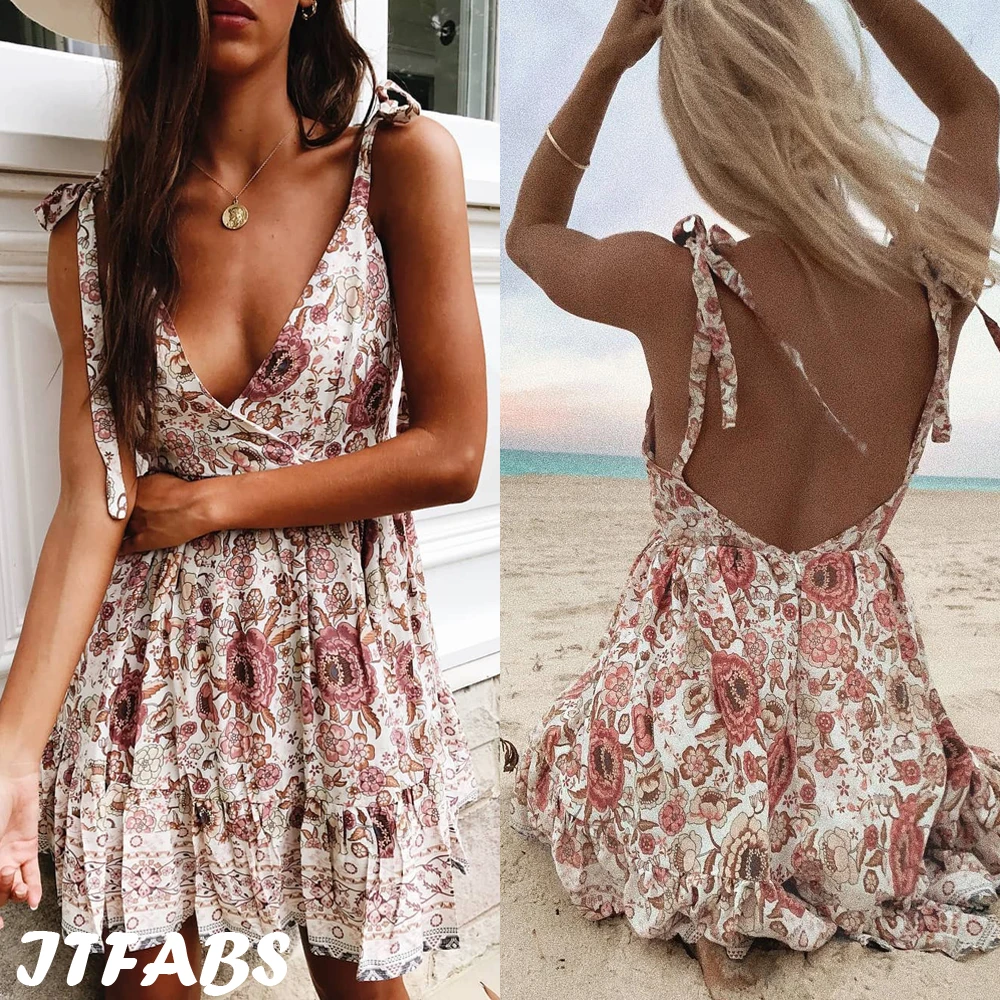 

Women Summer Off Shoulder Backless Printed Dress Beach Short Sundress