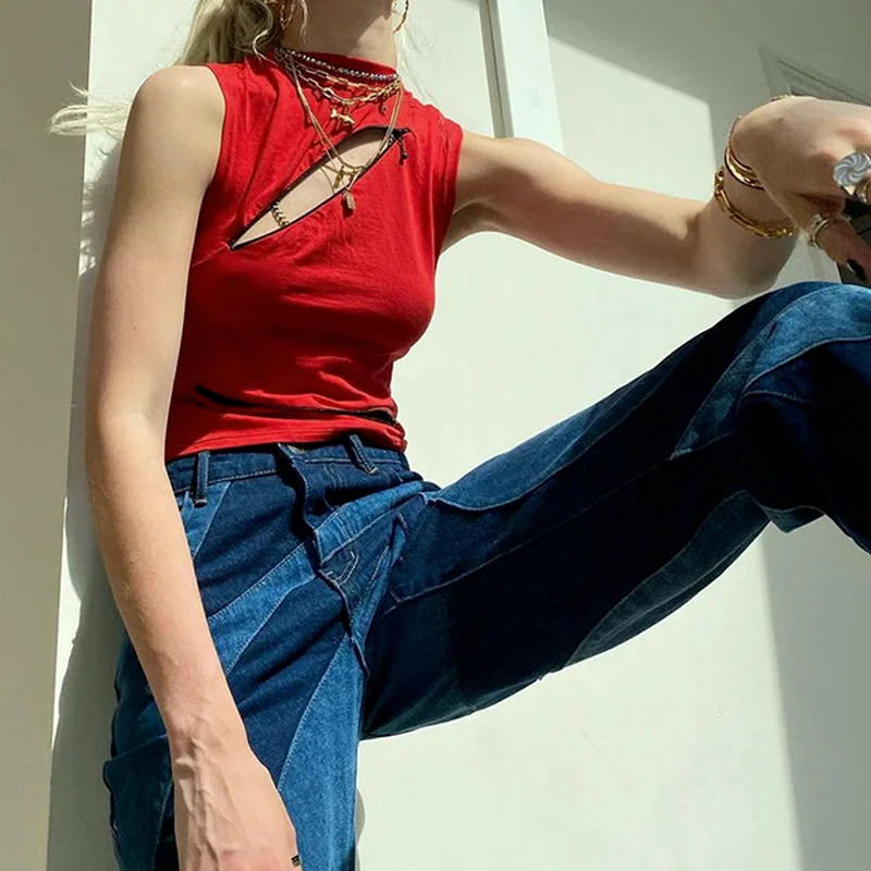 

Punk Streetwear Round Neck Zipper Tailored Vest Y2K Fashion Harajuku Hollow Sleeveless Red Navel Top E-girl Clothing Cute Tops