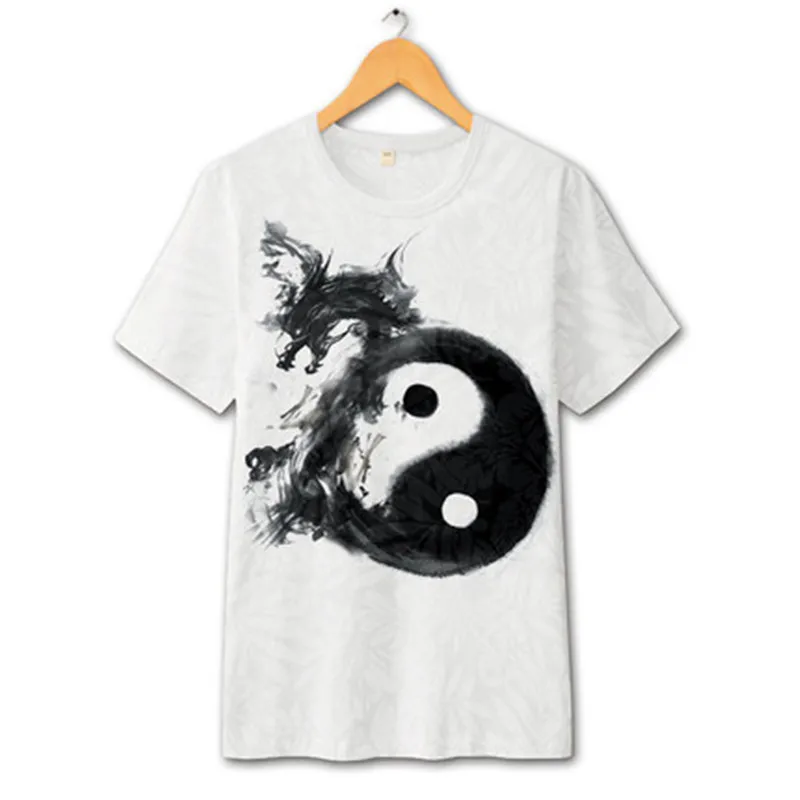 

Китайский Стиль чернила черно-белой печати Тай Чи Дракон Футболка с коротким рукавом, с круглым вырезом, модные мужские летние личность