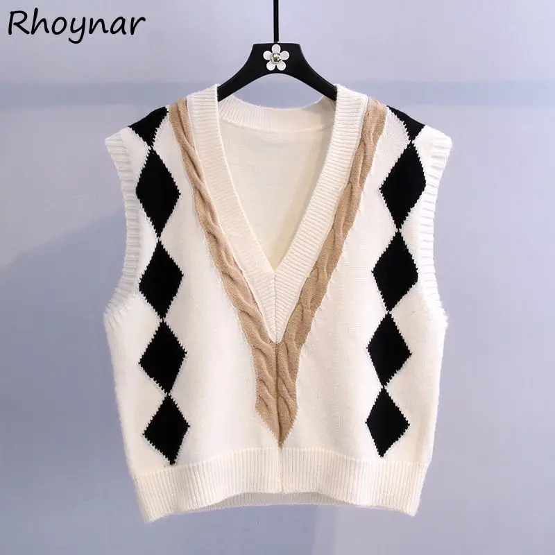 

Sweater Vest Women Vintage New Spring Autumn Sleeveless Argyle Young Knitted Daily Casual Fashion Lazy Feminino Street Comfort