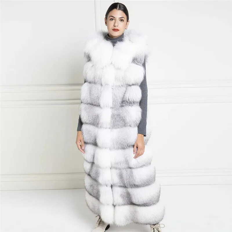 130cm Long Real Cross Fox Fur Vest With Hood Thick Warm Winter Overcoats Luxury High Quality Natural Whole Skin Fox Fur Vests