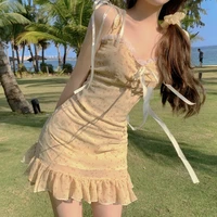 2021 fashion bandage women dress yellow sweet cute mini cottagecore dress sexy fairy dress y2k aesthetic elegant beach sundress