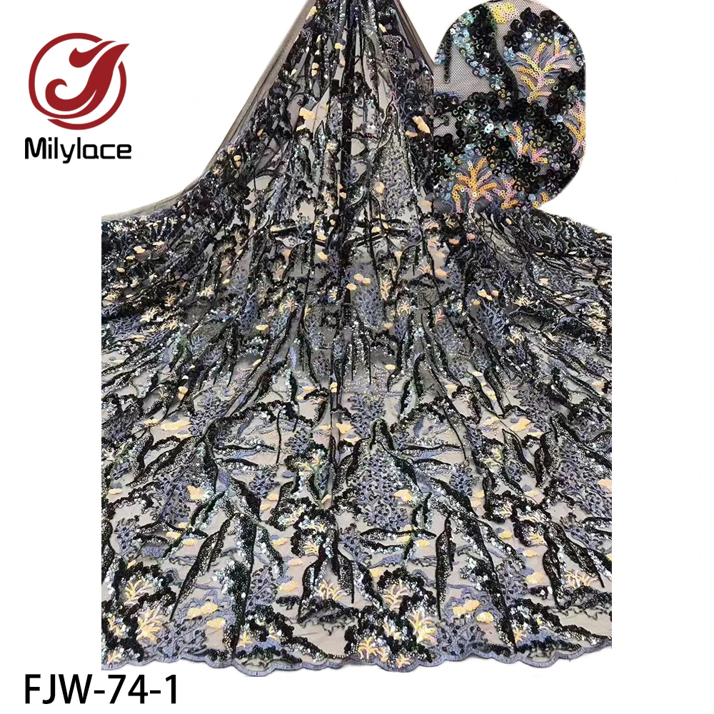 

Fashion African Tulle Lace Fabrics with Sequins High Quality Nigerian Net Lace for Wedding Dress Bridal Gown Lace FJW-74