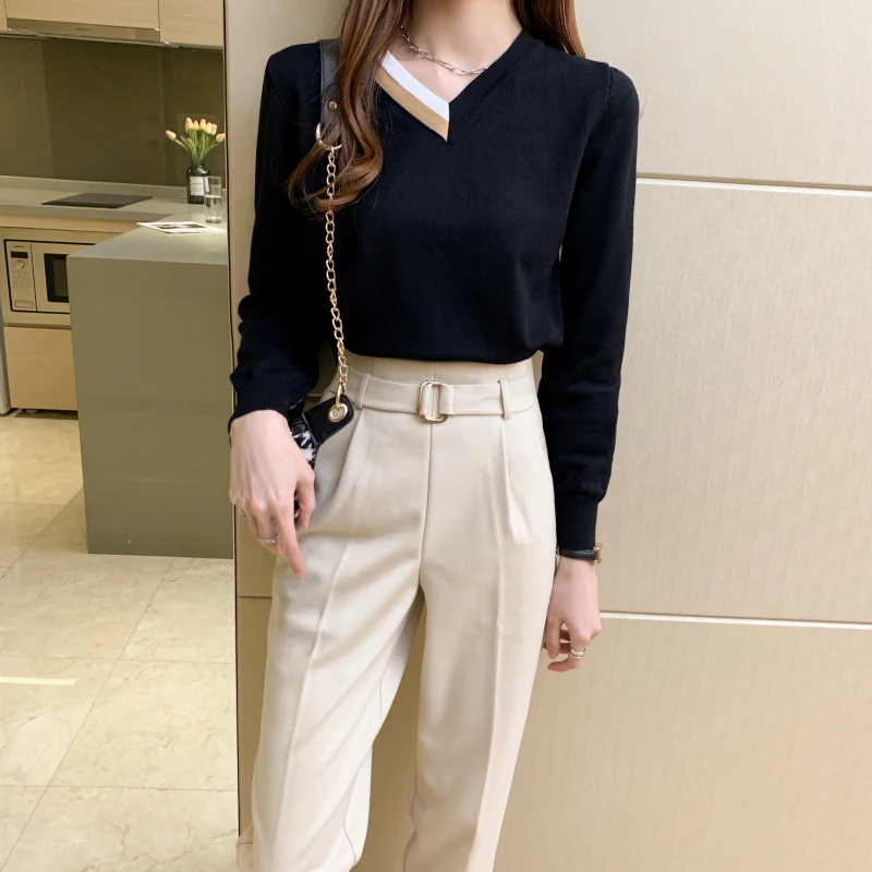 

Color-blocked V-neck Knitted Jumpers Sweaters Women 2021 Spring Autumn Full Sleeve Korean Elegant Fashion Pullover Tops Femme
