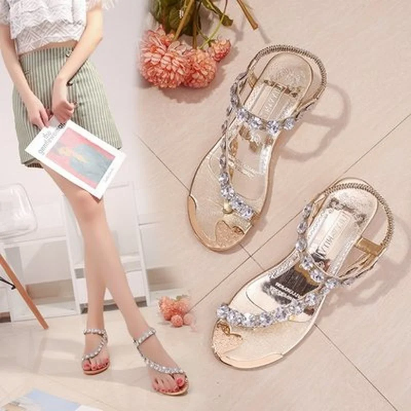 

Сандалии yu890 женские с кристаллами, однотонные пляжные шлепанцы на плоской подошве, лето