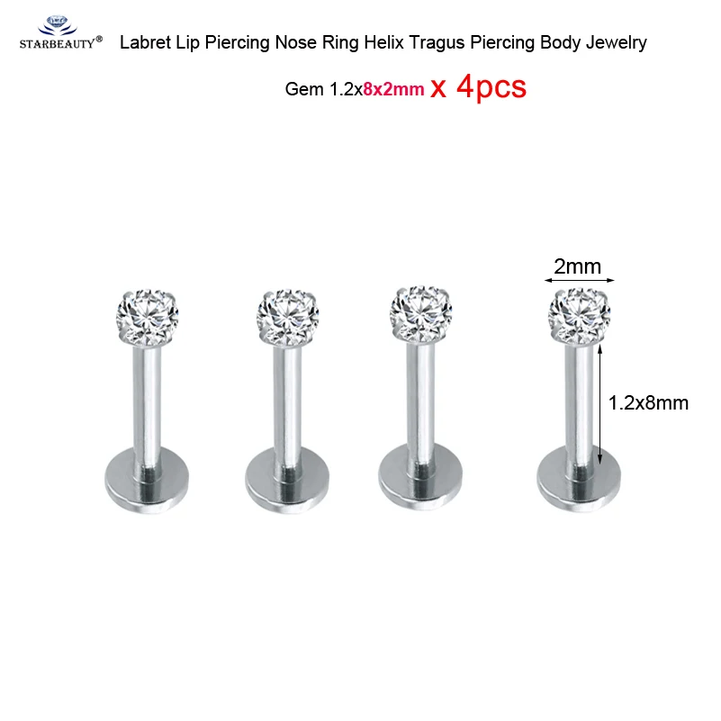 Gem 1.2x8x2mm 4 шт. 16G 6/8/10 мм с украшением в виде кристаллов Лабрет пирсинг для пупка губ нос кольцо ноздрей, пирсинг ореха спирали пирсинг уха носа из нержавеющей стали, серьги - Окраска металла: Gem 1.2x8x2mm