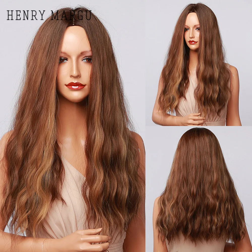 

HENRY MARGU Long Wavy Brown Blonde Ombre Synthetic Wigs Natural Water Wave Wig for Women Cosplay Party Hair Wigs Heat Resistant
