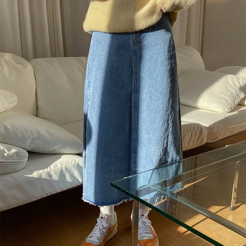 

Spring and autumn women's casual solid color high waist split denim skirt