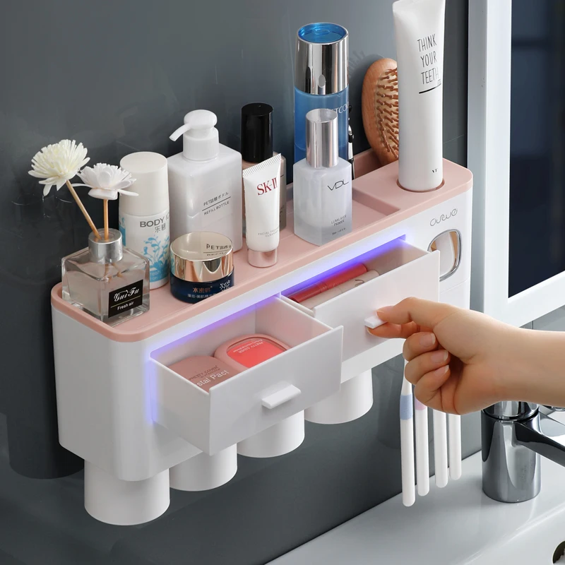 

Wall Mounted Toothbrush Holder Automatic Toothpaste Dispenser Bathroom Drawers Cosmetic Organizer Set with Magnetic Cup Tools
