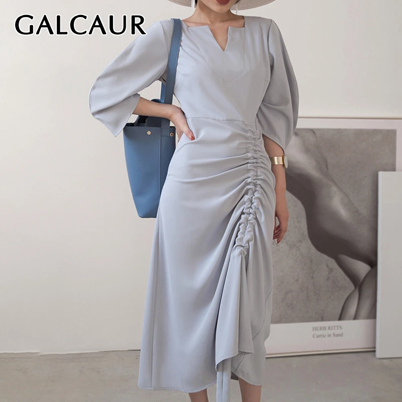 GALCAUR Drawstring Ruched женские платья три четверти рукав с высокой талией Асимметричные осенние платья Женская мода одежда